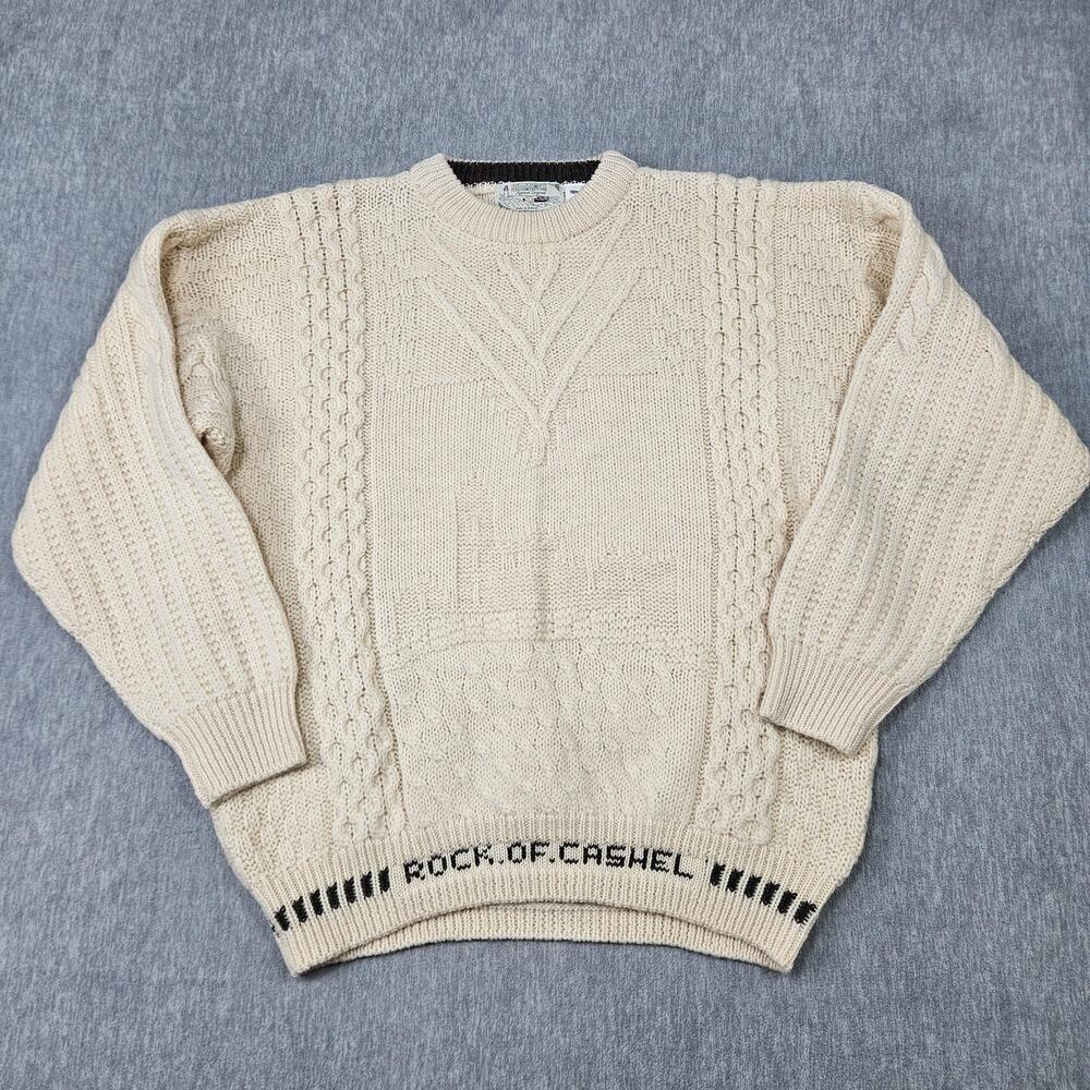 Shamrock Wool Sweater Mens XL Cream Rock of Cashel Irish Knit Pullover Ireland